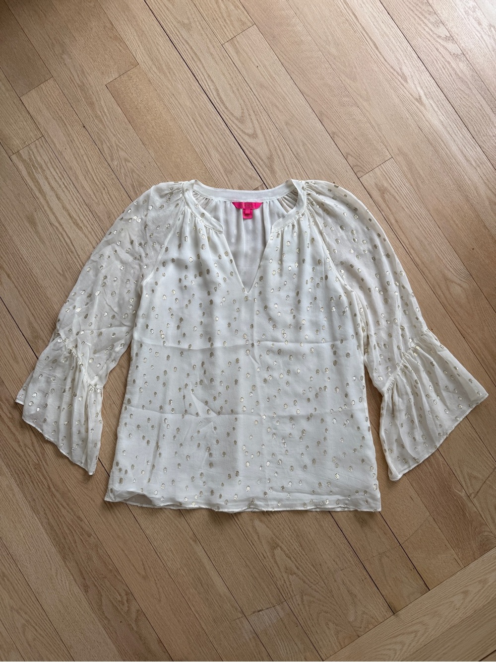 Lilly Pulitzer Ivory Sheer V-Neck Blouse with Gold Polka Dot Accents Small